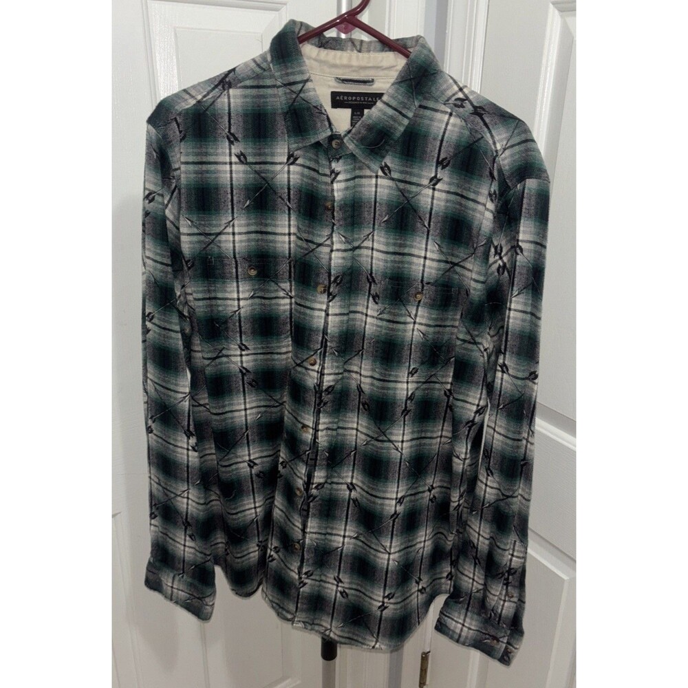 Aeropostale Green Flannel Button Down Shirt Size Large Pockets
